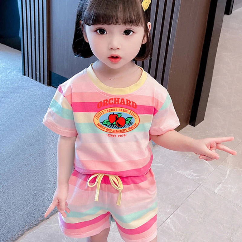 Cute Hello Kitty Summer Clothing Sets for Kids Baby Girls Outfits Children's Short Sleeve T Shirt + Elastic Waist Shorts 2pcs