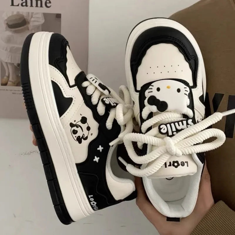 Hello Kitty Panda Black White Kawaii Girl Bread Shoes Preppy Style Lolita Platform Sneakers Y2k Student Skateboard Shoes