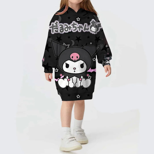 Winter Autumn Kids Girl Dress Hooded Children's Clothing Hello Kitty Kuromi print Loose Dress Long Sleeve Toddler Girl Outerwear