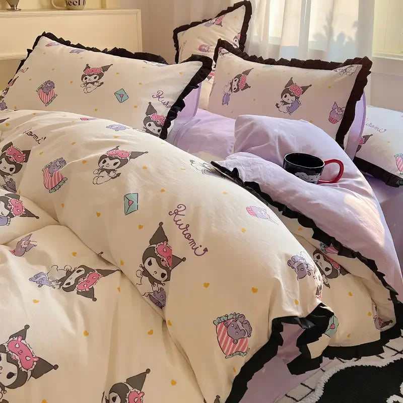 Hello Kitty Cinnamoroll My melody Kuromi new cute cartoon active printing pure cotton edge quilt cover bed sheet three-piece set