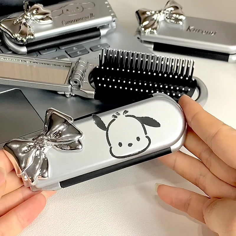 1Pcs Hello Kitty Folding Hair Comb Hair Styling With Mirror My Melody Cinnamoroll Anime Portable Travel Small Comb Tools