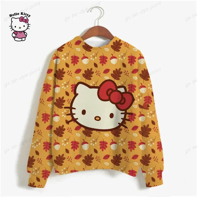 Korean Fashion Hoodies for Women Thin Chic Hooded HELLO KITTY Print Sweatshirt Female autumn Loose Cartoon Print Top y2k