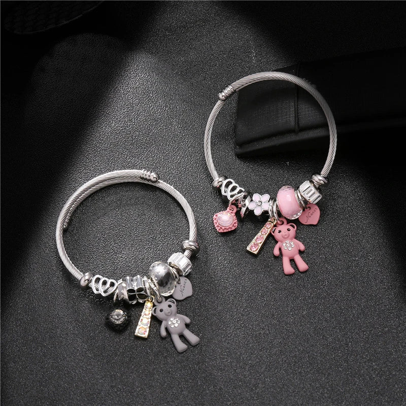 Fashion Bracelets & Bangles Stainless Steel DIY Jewelry Big Pink Bear Pendant Hearts Love Women's Bracelet Cuff Charms