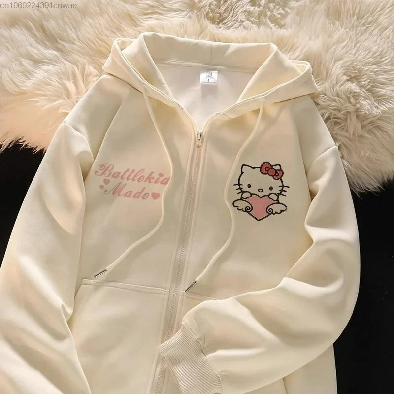 2025 New Hello Kitty Jacket 2000s Zip Hoodie White Sweatshirt Young Women Fall Winter Kawaii Lolita Jacket Student Tops