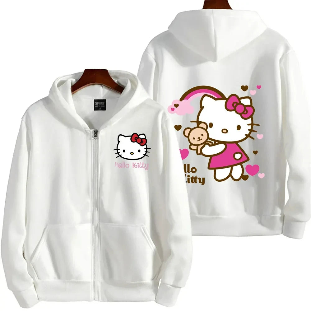 Women's Zipper Hoodie Autumn and Winter New Cute Kawaii Hello Kitty Pattern Sweatshirt 2025 Streetwear Women's Clothing