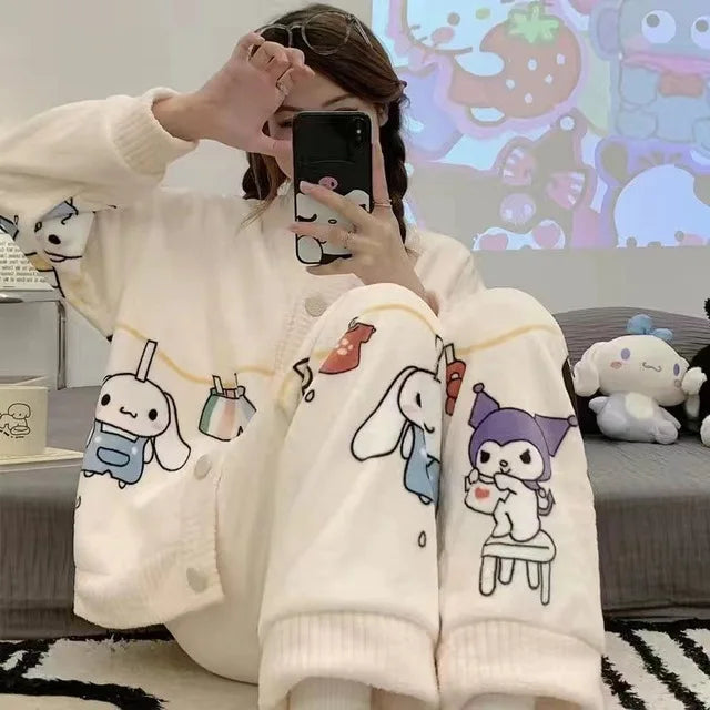 Kawaii Hello Kitty Cosplay Clothes Kuromi Korean Autumn Two Piece Pajamas Soft Home Wear Outgoing Girl