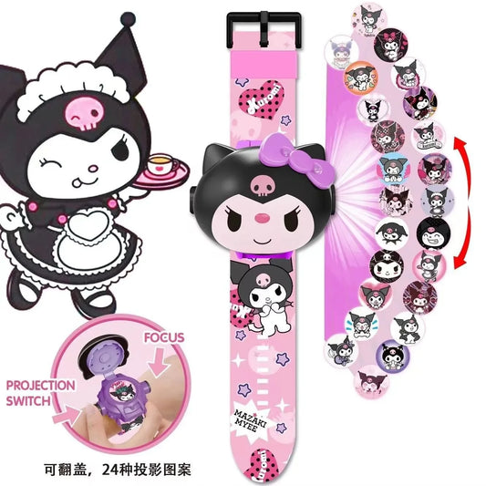 Hello Kitty Toys Set 3D Projection Digital Watch Cinnamoroll Kuromi Melody Anime Action Figures Model Toy Kid Gift