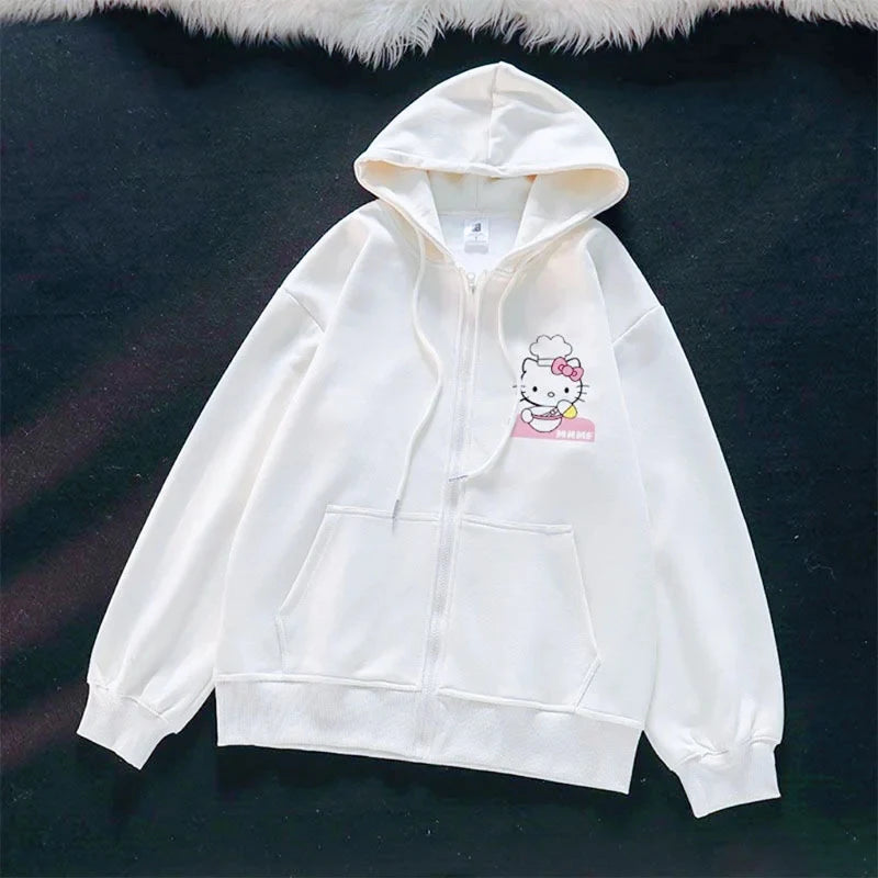 Anime Cute Printed Hoodies Women Cartoon Hello Kitty Y2k Korean Students Loose Sweatshirt Fashion Sweet Cardigan Clothing