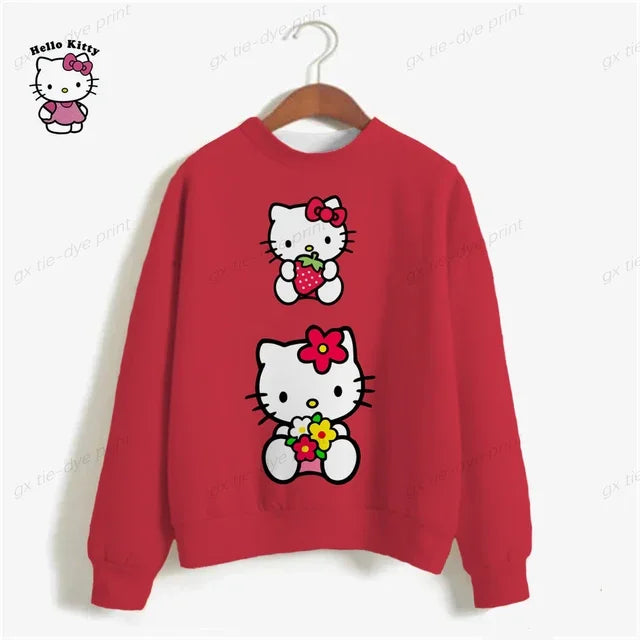 Korean Fashion Hoodies for Women Thin Chic Hooded HELLO KITTY Print Sweatshirt Female autumn Loose Cartoon Print Top y2k