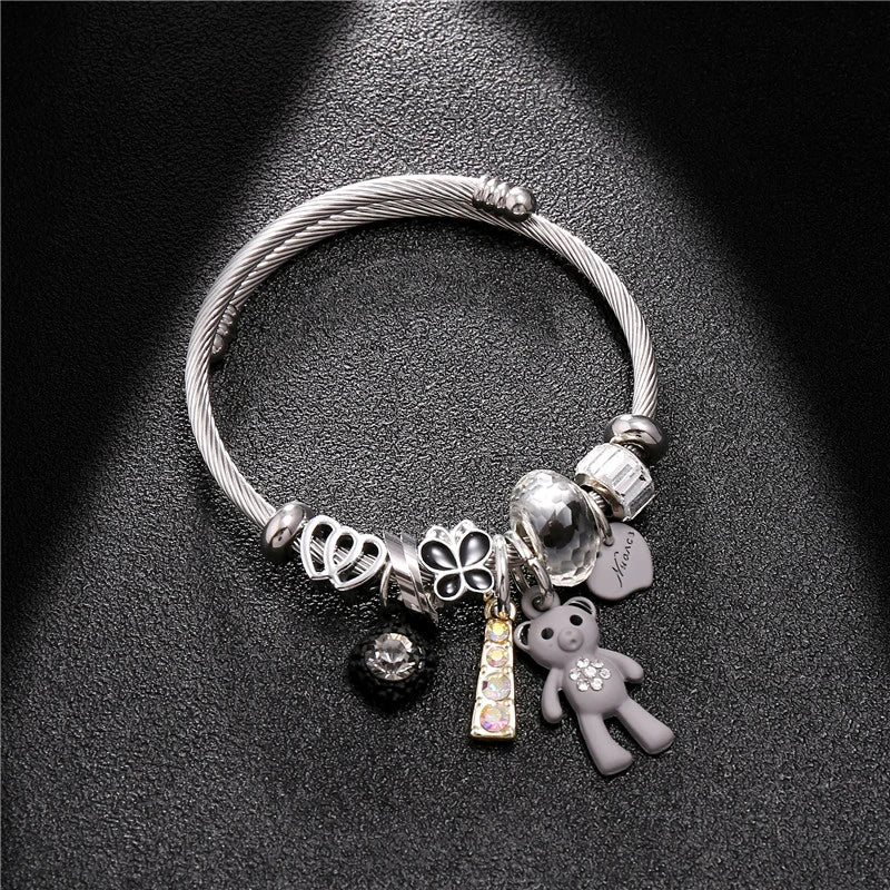 Fashion Bracelets & Bangles Stainless Steel DIY Jewelry Big Pink Bear Pendant Hearts Love Women's Bracelet Cuff Charms