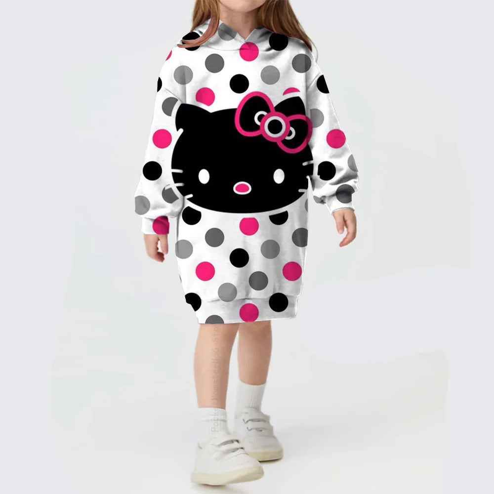 Girls Hooded Dress for Autumn Winter Kids Hello Kitty Kuromi print Dress Girl Striped Long Sleeve Clothes Kids Hoodies Dresses