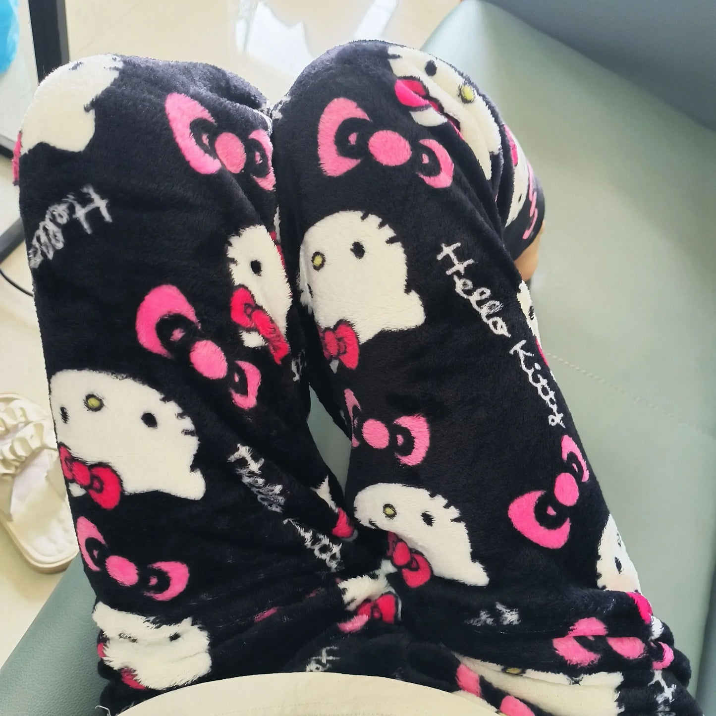 Hello Kitty Pajama Set Sanrio Pajama Pants Jacket Anime Fleece Double Elastic Fabric Soft Trousers Women Cartoon Birthday Gift