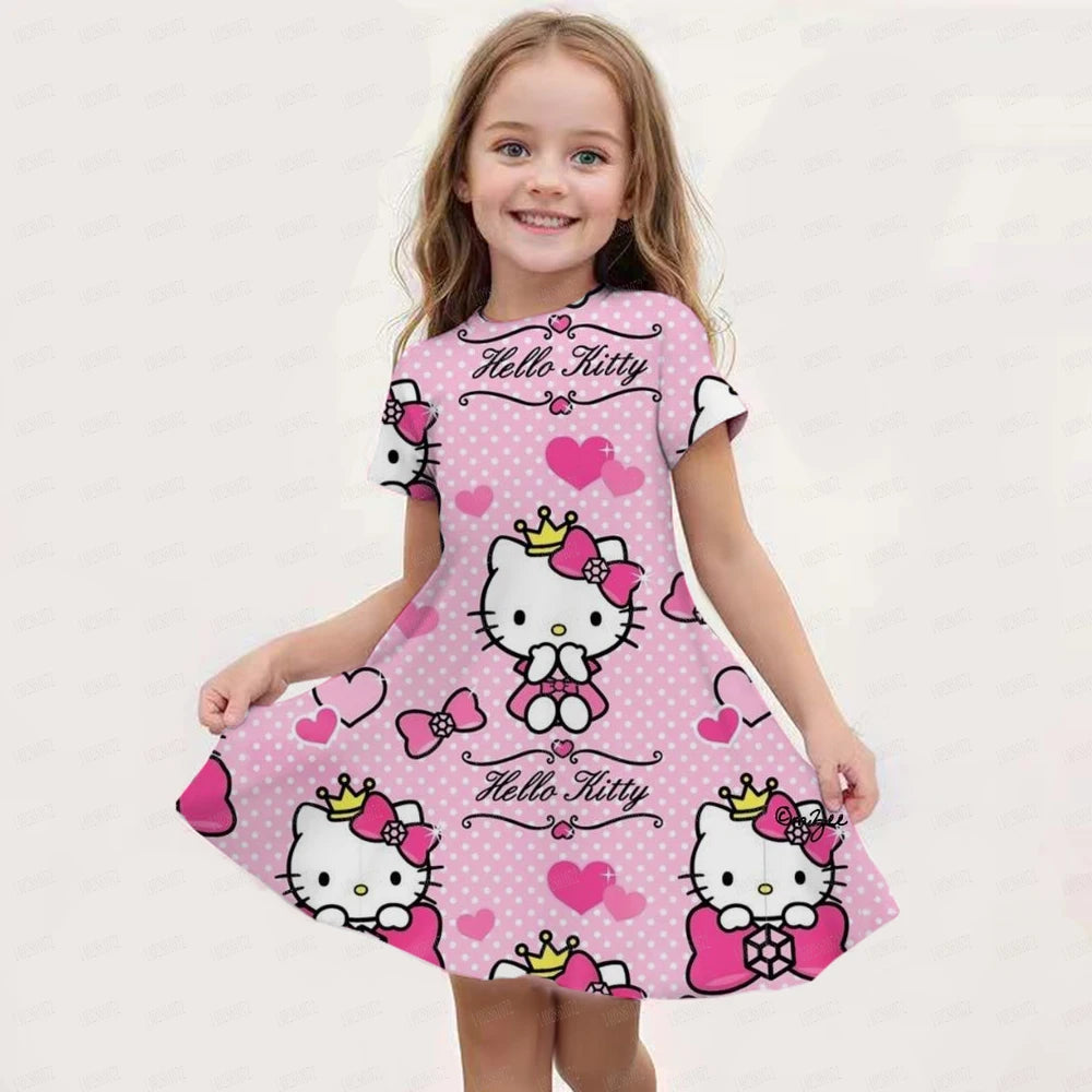 Hello kitty Kuromi Summer Dress Girl Dresses Children Dresses Miniso Cosplay 3d Cartoon Print Cute 2024 Girl Clothing Vestidos