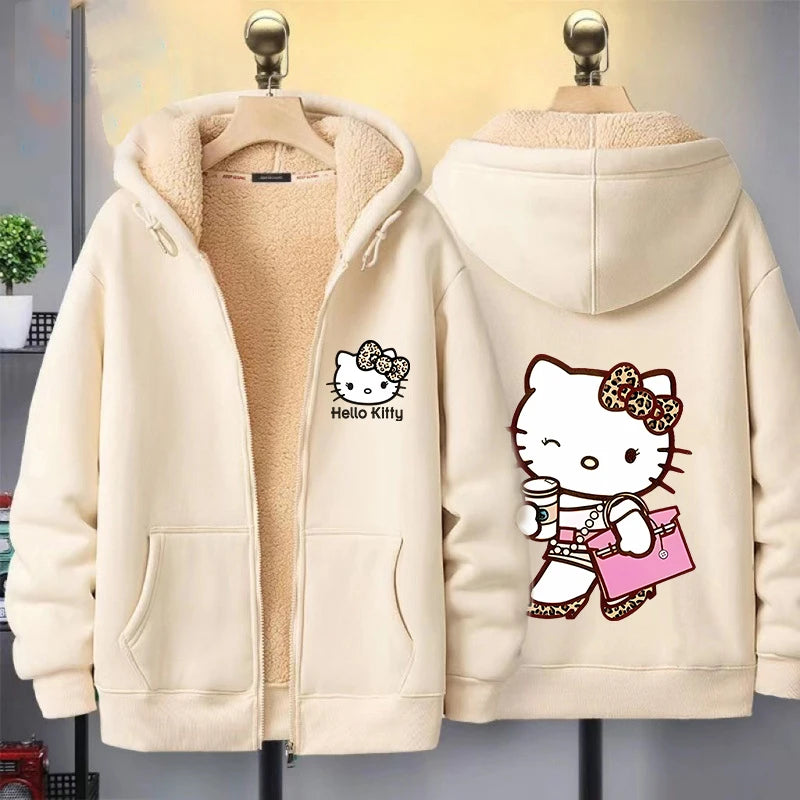 Hello Kitty Women's Zipper Hoodie Autumn and Winter New Cute Kawaii Pattern Sweatshirt Streetwear Girl Lady Clothing Coat