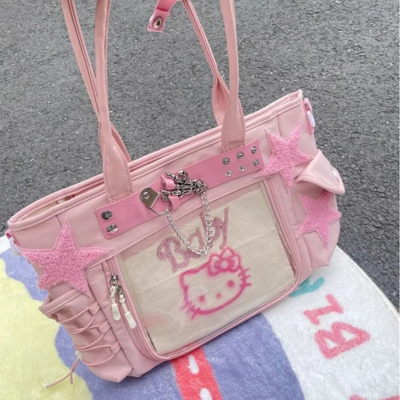 Hello Kitty Womens Tote Bag Canvas Large Capacity Pink Patchwork Shoulder Bag Casual Chain Sweet Fashion Ladies Handbag