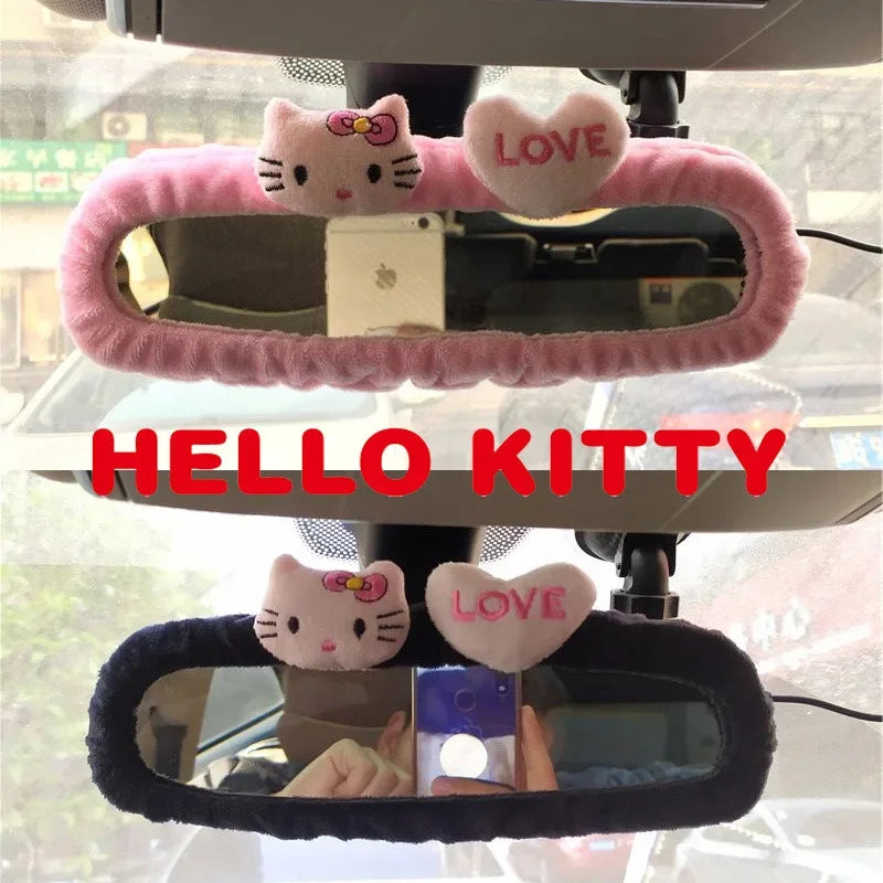 Hello Kitty Car Rearview Mirror Cover Cartoon Flannel Auto Rear View Mirror Decoration Automotive Interior Accessories