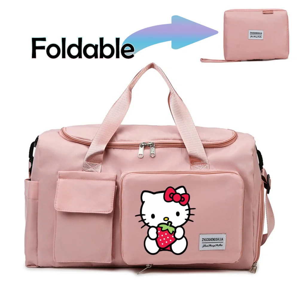 Hello Kitty Cartoon Travel Bag Large Capacity Storage Shoulder Bags Gym Duffle Pack with Shoe Compartment Portable HandBag