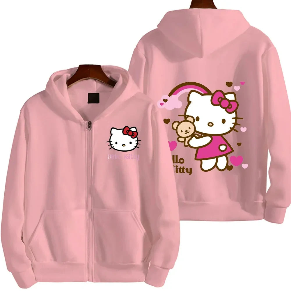 Women's Zipper Hoodie Autumn and Winter New Cute Kawaii Hello Kitty Pattern Sweatshirt 2025 Streetwear Women's Clothing