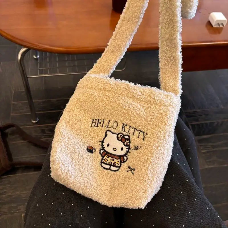 Hello Kitty Womens Shoulder Bag Small Soft Cute Cartoon Korean Popular Bag Plush Embroidery Kawaii Female Crossbody Bag