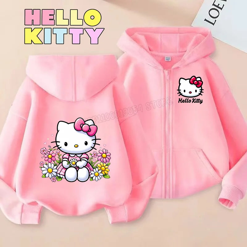 Hello Kitty Zipper Hoodies Girls Sweatshirt Autumn and Winter Long Sleeve Harajuku Pullovers Casual Hooded Tops Birthday Gift