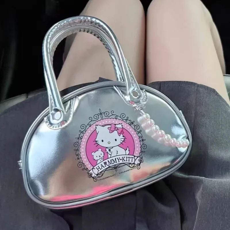 Hello Kitty Women Handbag Silver Small Vintage Summer Fashion Leather Boston Bag Pearl Sweet Cute Kawaii Cartoon Female Bag