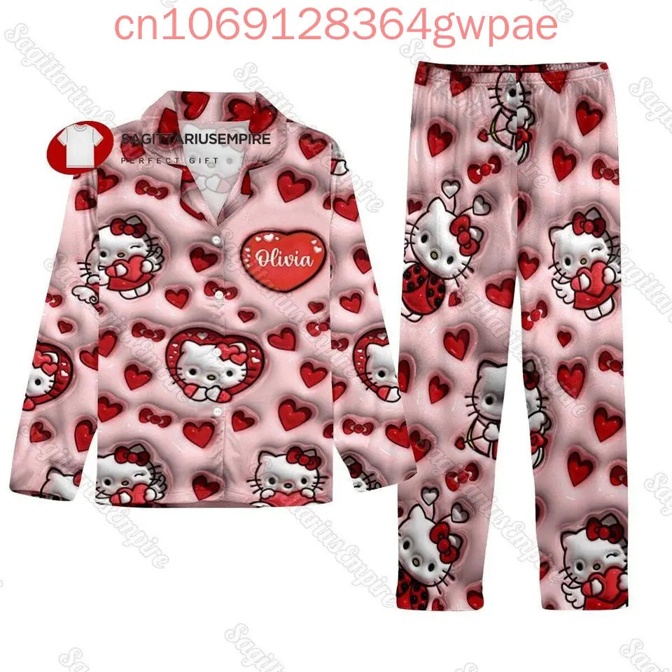 2025 New Hello Kitty Pajama Set 3d Printed Casual Men's and Women's Long Sleeve Shirt Pajama Set Hellokitty Family Pajamas Set