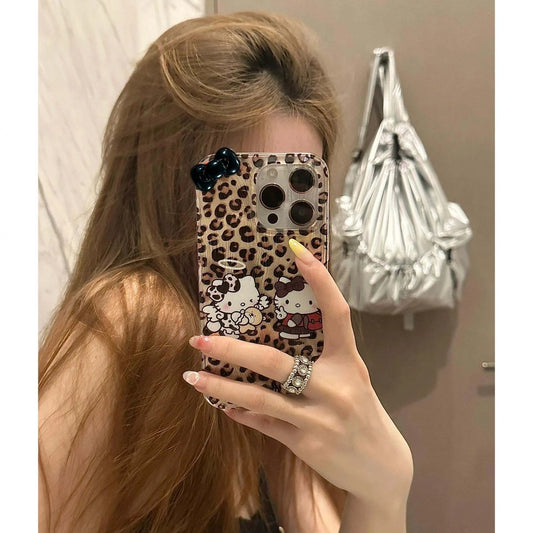 Fashion Leopard Print Hello Kitty Two KT Cat For iPhone 16 15 14 13 12 11 Pro Max XR XS 8 Plus Soft Anti Drop Silicone Cover Y2k