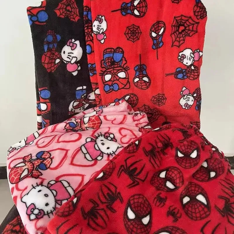 Animated Cartoon Winter Spider-Man Hello Kitty Coral Velvet Loose Pajamas Trousers Men And Women Cartoon Casual Wear