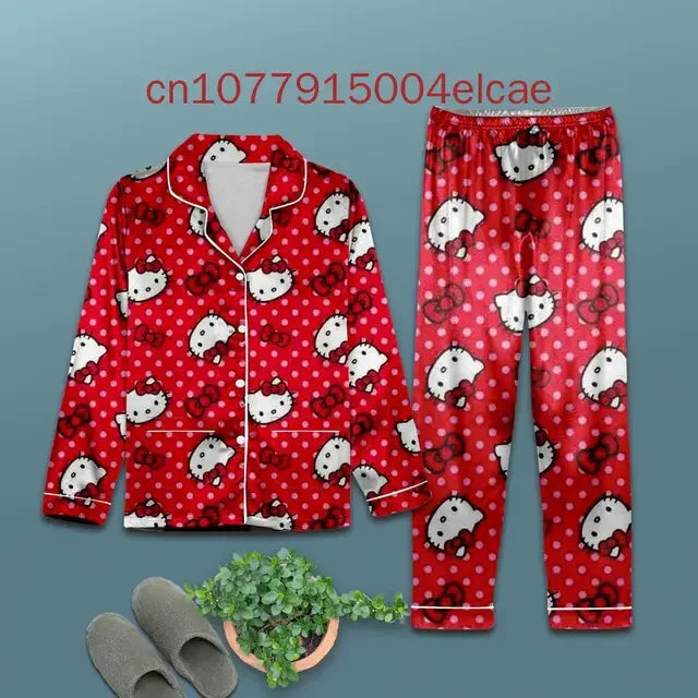 2025 New Hello Kitty Pajama Set 3d Printed Casual Men's and Women's Long Sleeve Shirt Pajama Set Hellokitty Family Pajamas Set