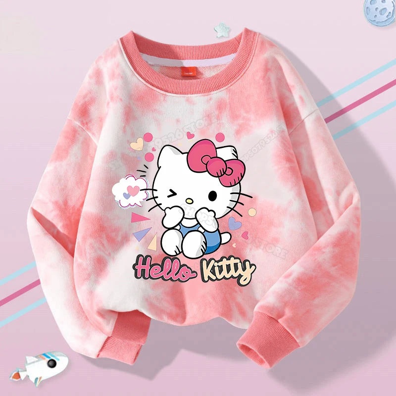 Hello Kitty Kuromi Cute Print Sweatshirts Girl Clothes Autumn Trend Tie Dyed Round Neck Pattern Children Pullover Long Sleeves