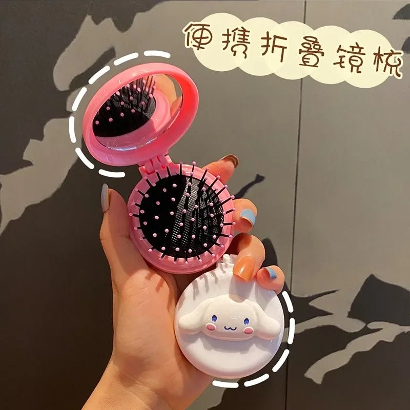 Hello Kitty Kuromi My melody Cartoon Animation Peripheral Girl Portable Folding Comb and Mirror Dual-Purpose Flip Kawaii Gift