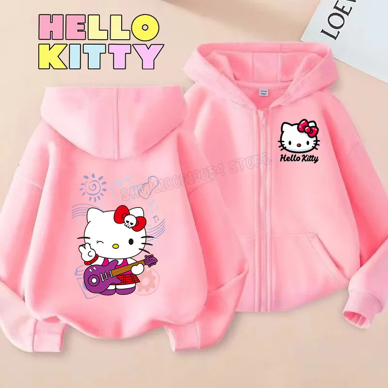 Hello Kitty Zipper Hoodies Girls Sweatshirt Autumn and Winter Long Sleeve Harajuku Pullovers Casual Hooded Tops Birthday Gift