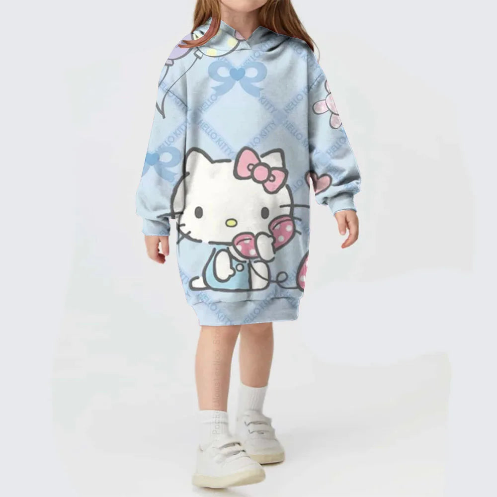 Girls Hooded Dress for Autumn Winter Kids Hello Kitty Kuromi print Dress Girl Striped Long Sleeve Clothes Kids Hoodies Dresses