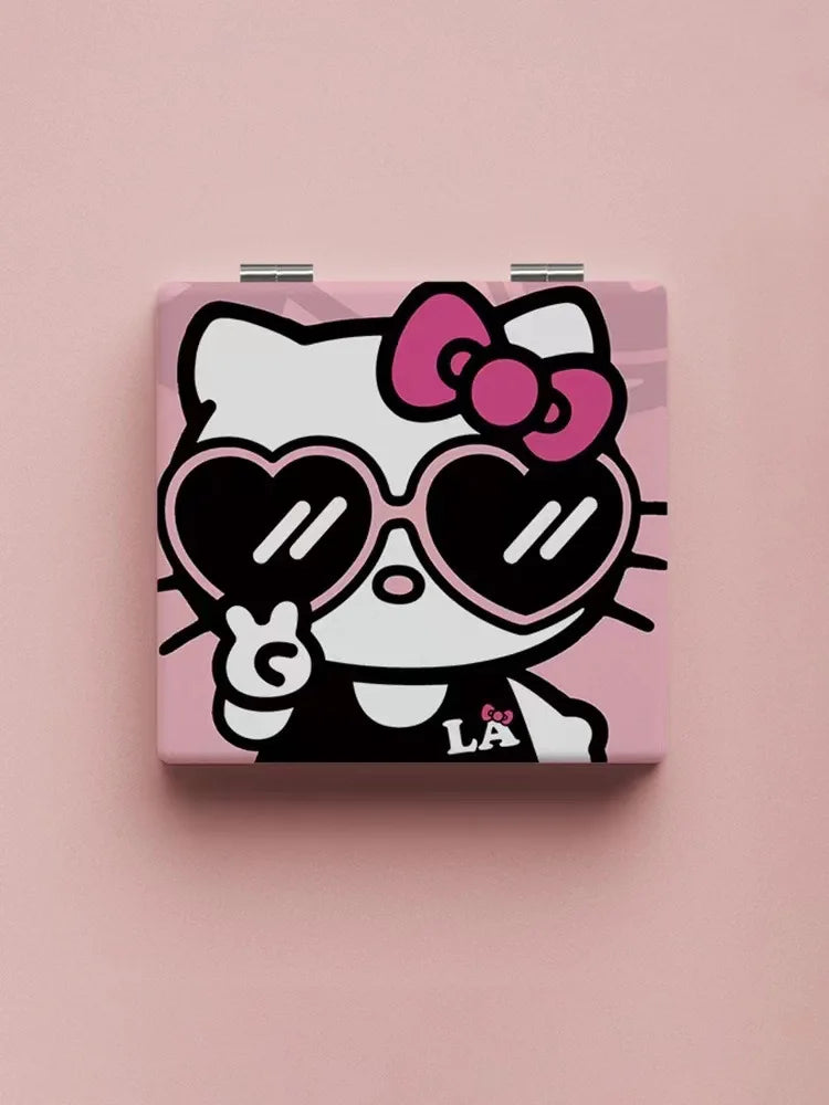 Kawaii Makeup Mirrors Hello Kitty Cartoon Ins Double-sided Mirror Frame PU Leather Cover Carry Folding MiNi Mirror Gift