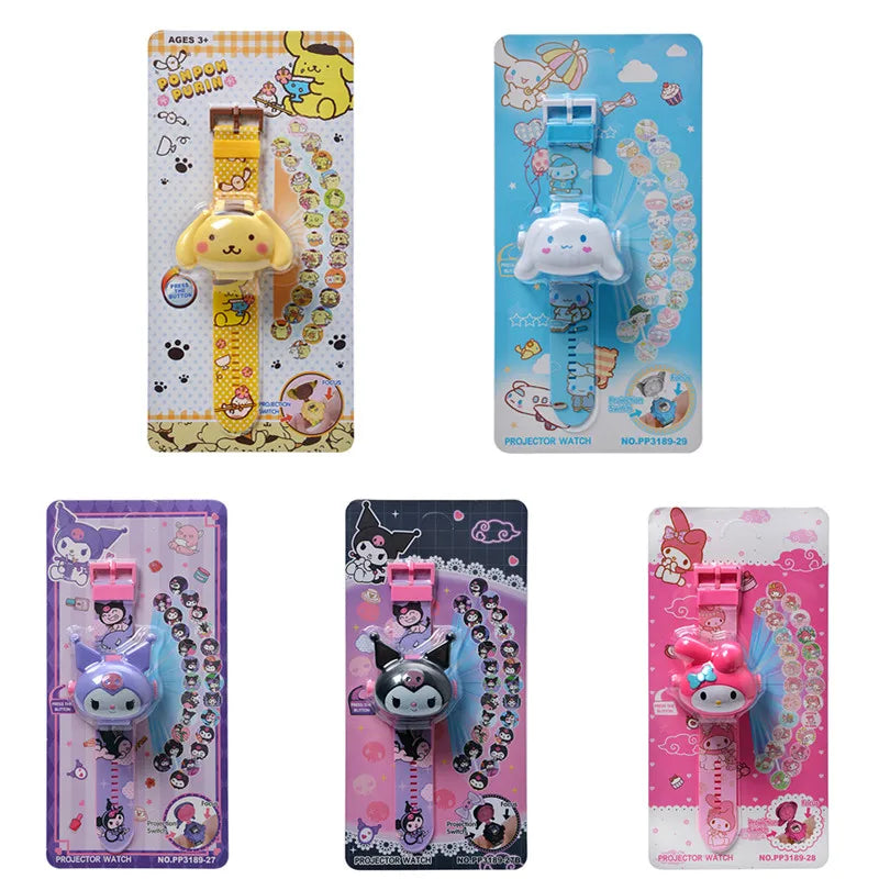 Hello Kitty Toys Set 24 Style 3D Projection Digital Watch Cinnamoroll Kuromi Melody Anime Action Figure Model Toy For Kid