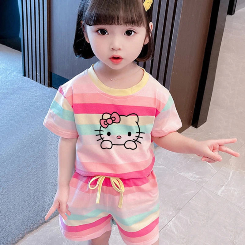 Cute Hello Kitty Summer Clothing Sets for Kids Baby Girls Outfits Children's Short Sleeve T Shirt + Elastic Waist Shorts 2pcs