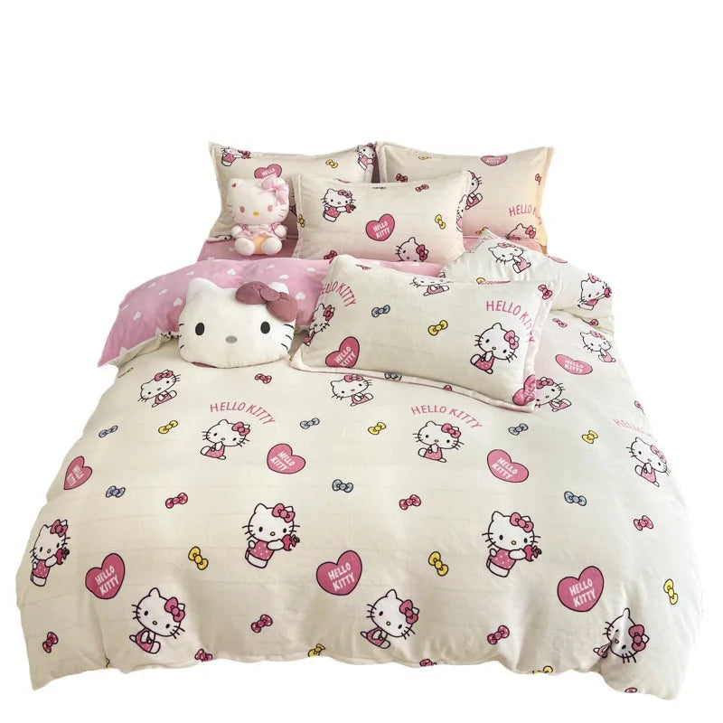 Double Sided Velvet Bedding Set Melody Kuromi Hello Kitty Winter Flannel Single Double Queen King Quilt Cover Bed Sheet