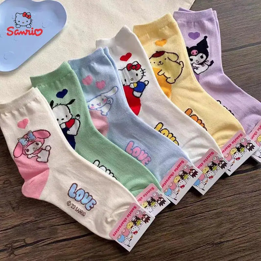 Kuromi Cartoon Socks Cinnamoroll My Melody Hello Kitty Ladies Combed Cotton Midtube Stockings Cute Stockings Girl Gifts