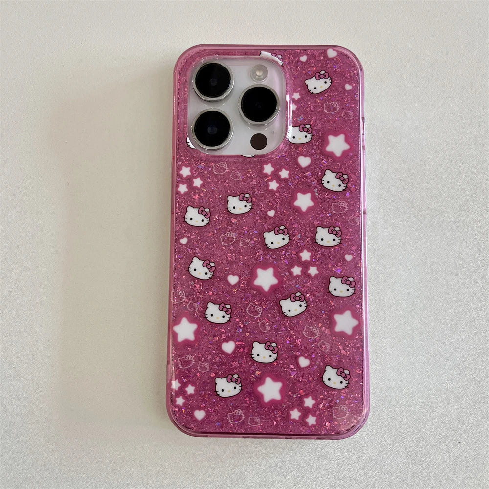 Korean Bling Glitter Stars Hello Kitty Phone Case For iPhone 16 15 14 Pro Max 13 12 Candy Color Cartoon Bumper Back Cases Cover