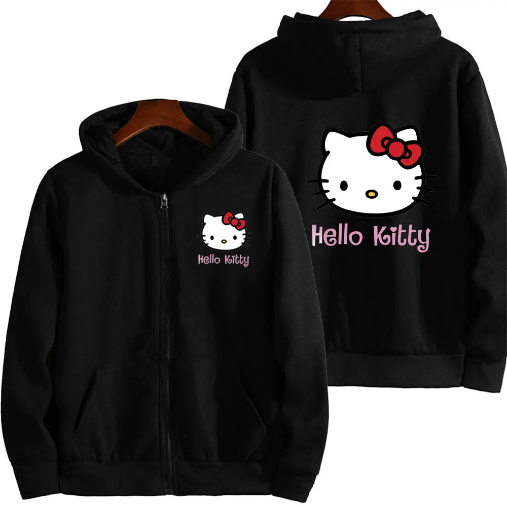 Women's Zipper Hoodie Autumn and Winter New Cute Kawaii Hello Kitty Pattern Sweatshirt Streetwear Women's Clothing