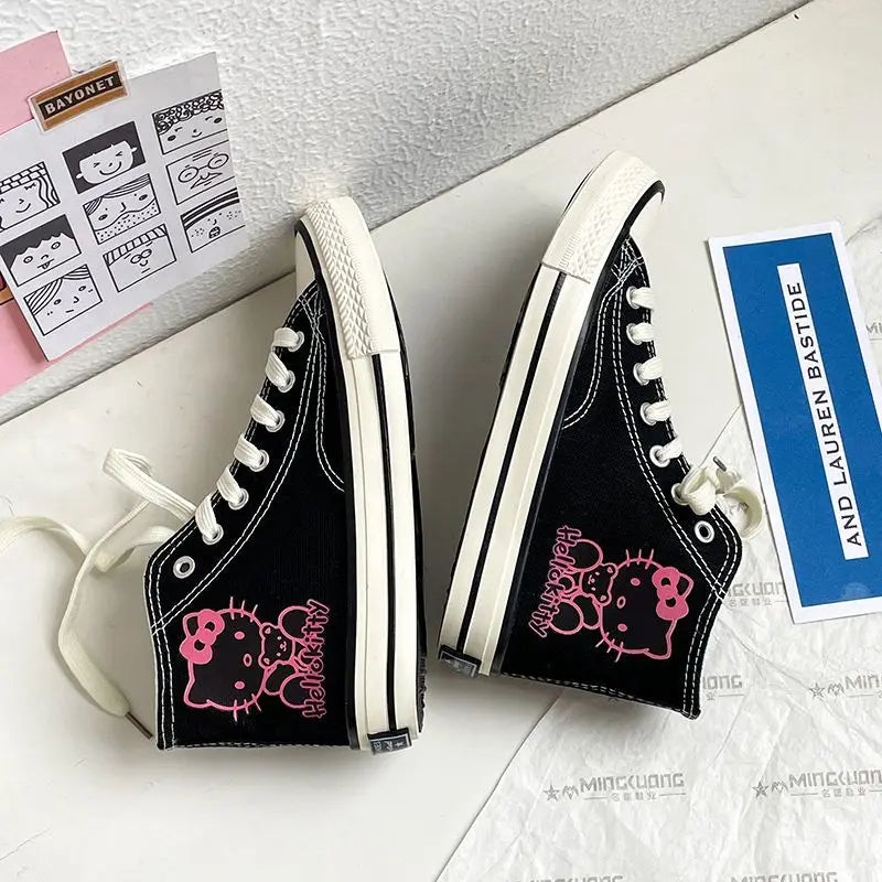 Kawaii Hello Kitty High Tops Canvas Shoes Women Student Cartoon Graffiti Skateboard Shoes Girl Preppy Versatile Sneakers