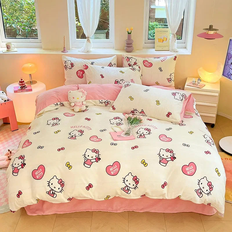 Winter Milk Velvet Bedding Set Hello Kitty Melody Kuromi Thickening Warm Flannel Queen Duvet Cover Bed Sheet Pillowcase