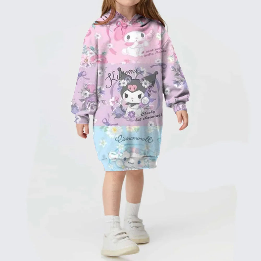 Toddler Kids Hello Kitty Kuromi print Hoodies Dresses for Girls Loose Casual Long Dress Infant Children O Neck Outfits Dress