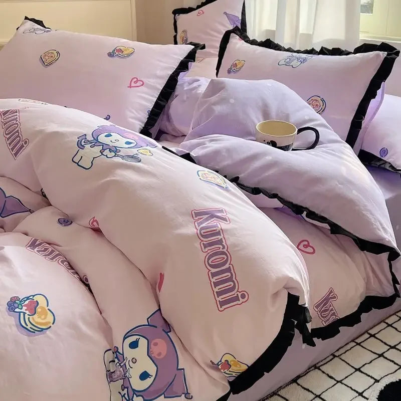 Hello Kitty Cinnamoroll My melody Kuromi new cute cartoon active printing pure cotton edge quilt cover bed sheet three-piece set