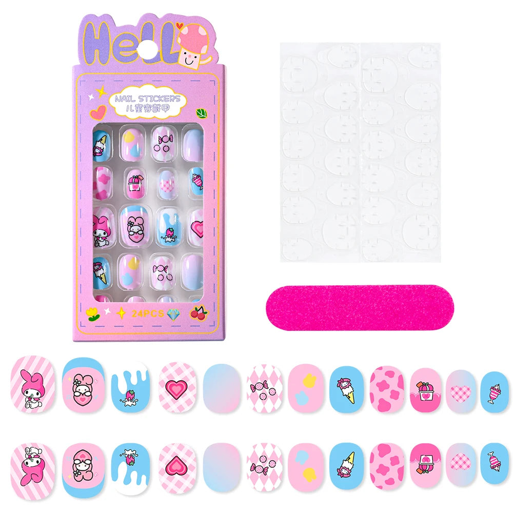 24Pcs Cartoon Hello Kitty Press on Nails Sanrio Series Pink/Blue/Purple Kuromi Kawaii Fake Nail for 6 years+ School Girl