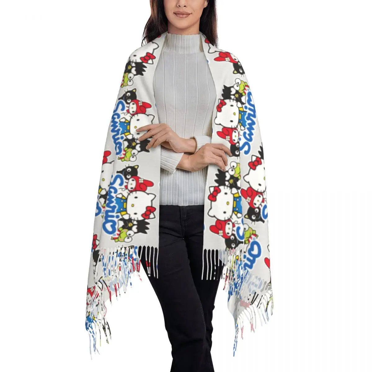 Custom Female Long Kitty White Hello Kitty Scarves Women Winter Soft Warm Tassel Shawl Wrap Scarf