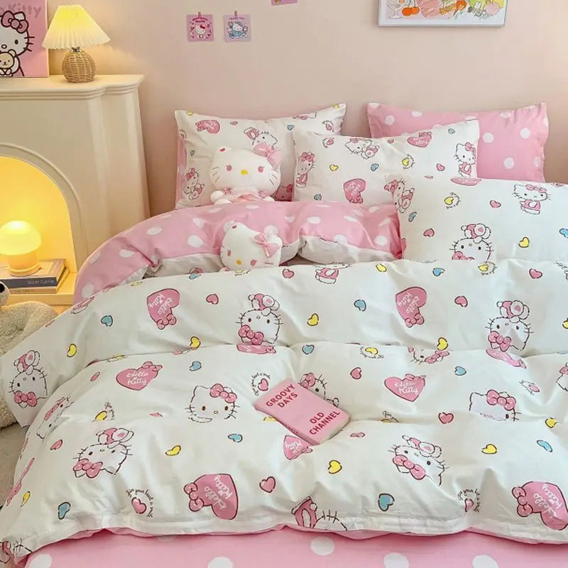 4Pcs/set Kawaii Anime Cartoon Hello Kitty Bedding Quilt Cover Student Bedding Soft Microfiber Bedspread Lightweight Coverlet