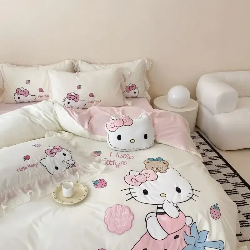 Hello Kitty Anime Kawaii MINISO Cotton Bed Sheet 4-piece Set Kt Cat Cartoon Cute Embroidery Quilt Set Bed Decoration Gifts Toys