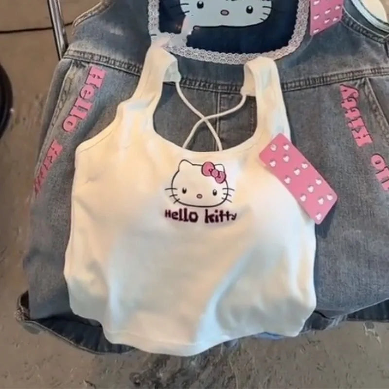 Sanrio Fashion Clothing Hello Kitty 2000 Top with Breast Pad Cute Top Girl Summer Cool Cropped Top White Sexy Suspender Girl Gif