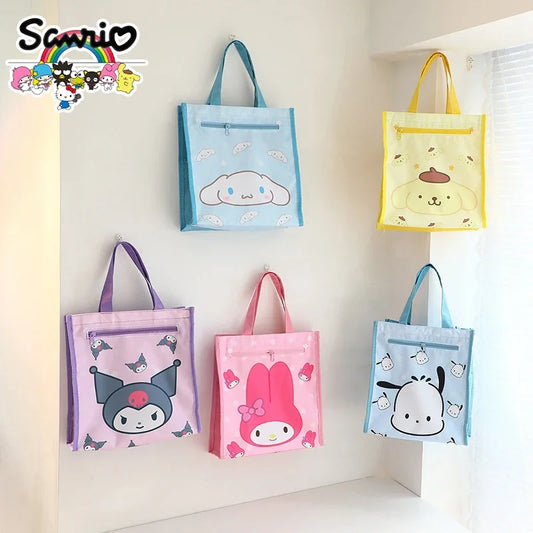 Kawaii Cartoon Handbags Hello Kitty Double Layer Water Proof Tote Bag Cute Kuromi Cinnamoroll Art Pack Shopping Bag Gifts